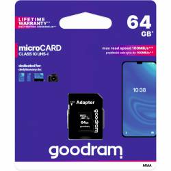 Pamięć MicroSD GOODRAM 64GB MicroSDXC CL10 UHS I + adapter M1AA-0640R12